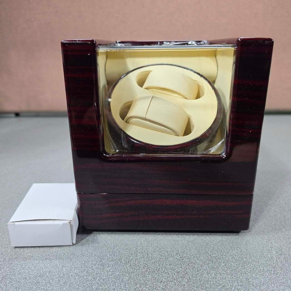 Dual Automatic Watch Winder Faux Mahogany Wood Cream LED New
